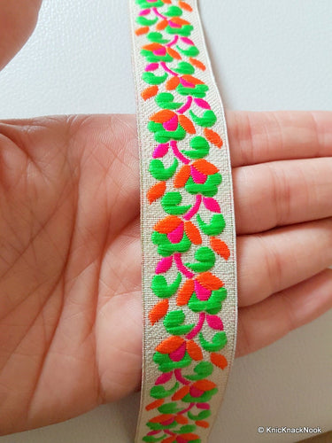 Wholesale Jacquard Off White Fabric Trim With Fuchsia, Orange And Green Floral Embroidery, Approx. 26mm Wide